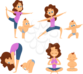 Baby yoga. Mutual exercises with mother and her baby. Different poses and exercises for beginners. Cartoon characters. Yoga mother and baby, pose of body healthy exercise. Vector illustration
