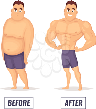 Two characters fat and muscular man. Visualization of loss weight. Male muscular body and health, overweight man. Vector illustration
