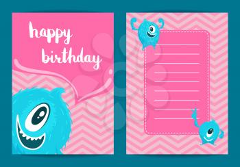 Vector happy birthday card template with cartoon monsters and speech bubble illustration