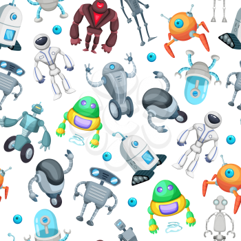 Seamless pattern with cute funny robots. Vector pictures in cartoon style. Robot cartoon seamless pattern illustration
