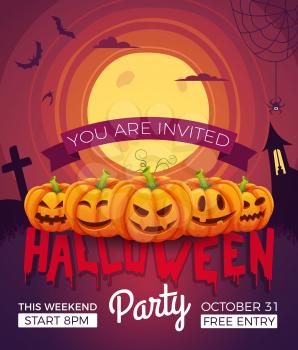 Poster invitation for halloween party. Vector illustrations of halloween symbols. Pumpkins with different emotions