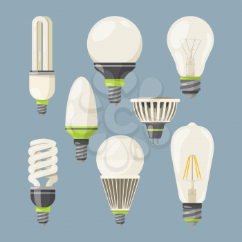 Incandescent bulbs, halogen and other different types. Vector pictures in cartoon style. Lamp bulb electric halogen, lightbulb power invention illustration