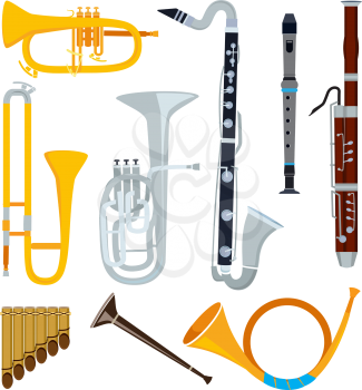Isolated musical instruments in cartoon style. Musical saxophone and music classica instrument flute and sax, vector illustration