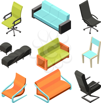 Different office chairs. Isometric illustrations. Vector isometric chair, 3d office interior