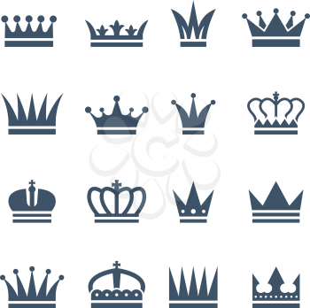 Set of monochrome crowns. Illustrations for luxury badges. Vector crown for king, royal luxury vintage crown for prince or emperor