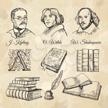 English famous writers and different books. Face of english writer shakespeare and wilde. Vector illustration