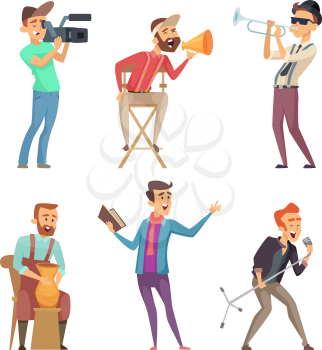 Funny creative characters isolate on white background. Musician and sculptor, sculpting and playing. Vector illustration