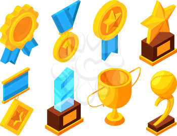 Medals of honor and different sport trophies. Isometric vector illustrations. Medal for reward, victory and honor, trophy prize for winner