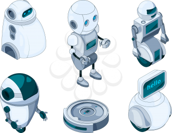 Domestic robots assistant. Various help machines. Illustration of robotic technology housework, smart artificial