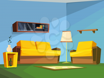 Living room interior in cartoon style. Furniture cartoon in domestic apartment, vector illustration