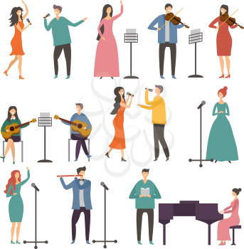 Concert and music groups. Vocal duets. Musician and singers performances. Vector singer and musician vocal, performance concert illustration