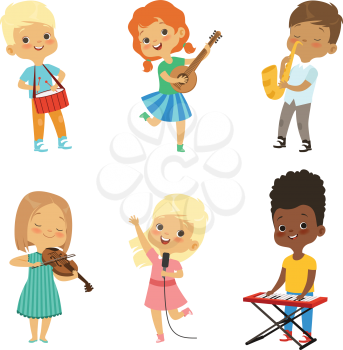 Various cartoon kids musicians. Musical happy children, entertainment and art hobby illustration