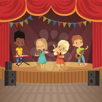 Music kids band on concert scene. Music concert with musician cartoon, young artist with instrument. Vector illustration