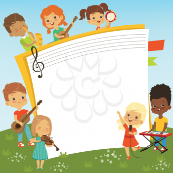Cartoon frame with musician childrens and empty place for your personal text. Vector musician child play on ,usical instrument illustration