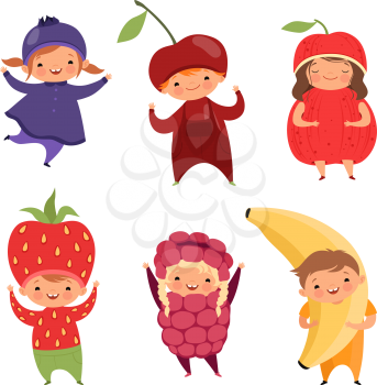 Fruits costumes. Carnival clothes for children. Funny kids in fruit fancy dresses wearing on white, vector illustration