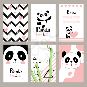 Pandas invitation cards. Newborn cute animals of chinese bear holiday vector placard design templates for kids. Character cartoon wildlife happy panda illustration