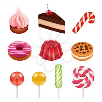 Sweets and candy pictures. Objects from sugar, dulce caramel candy and chocolate sweets vector illustrations isolate. Confectionery chocolate and candy, sugar caramel