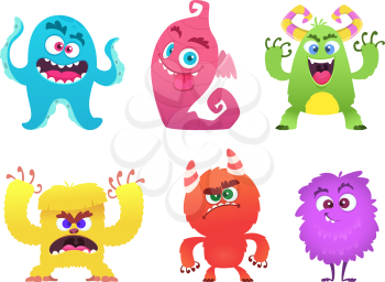 Cartoon monsters. Goblin gremlin troll scary cute faces of colored monsters vector funny characters. Funny face alien, halloween scary gremlin illustration