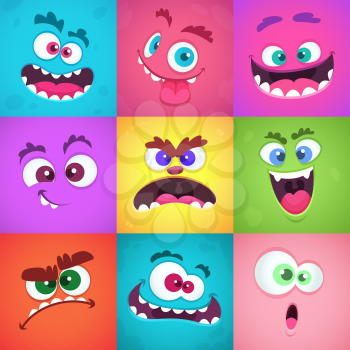 Monsters emotions. Scary faces masks with mouth and eyes of aliens monsters vector emoticon set. Halloween cute alien, head funny character flat illustration