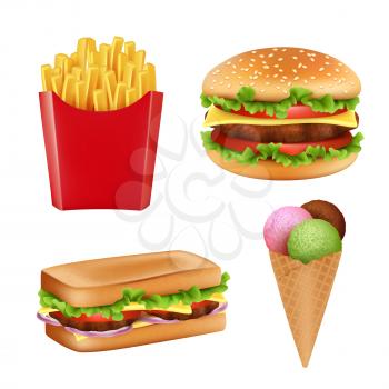 Fast food pictures. Hamburger sandwich fries icecream and cold drinks bread 3d realistic vector illustrations isolated. Ice cream and burger isolated on white