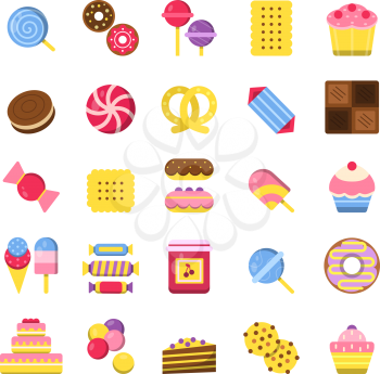 Sweets and pie icons. Pancakes candies chocolate biscuits and ice cream food vector colored flat pictures. Sweet biscuit and dessert, candy and cake illustration