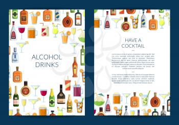 Vector card or brochure template for bar or liquor store with alcoholic drinks in glasses and bottles in flat style and place for text illustration
