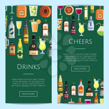 Vector vertical web banners and poster illustration with alcoholic drinks in glasses and bottles in flat style