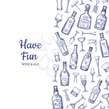 Vector banner and poster hand drawn alcohol drink bottles and glasses background illustration with place for text