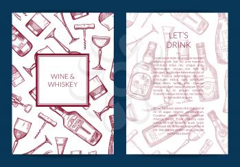 Vector hand drawn alcohol drink bottles and glasses card, flyer or brochure template for bar or night club illustration