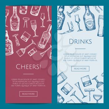 Vector hand drawn alcohol drink bottles and glasses vertical web banners illustration