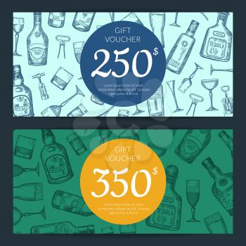 Vector hand drawn alcohol drink bottles and glasses discount or gift card voucher templates illustration