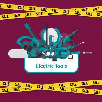 Vector electric construction tools sale background with vertical ribbon and place for text illustration