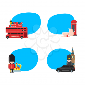 Vector cartoon London sights and objects stickers set with place for text illustration
