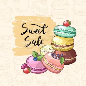 Vector sale background with colored hand drawn macaroons for pastry shop. Macaroon and cake vintage, colored confectionery illustration