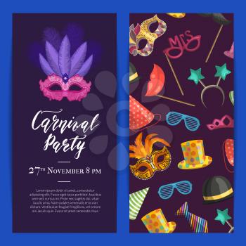 Vector party invitation template with masks and party accessories illustration