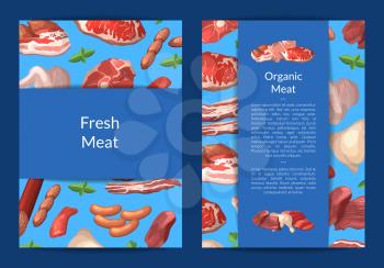 Vector cartoon meat elements card, flyer or brochure template for butchers shop or meat company illustration