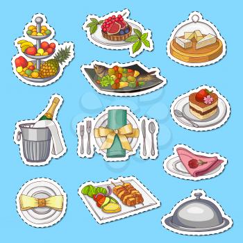 Vector hand drawn restaurant or room service elements stickers on plane background. Restaurant hotel lunch food, doodle drink and dinner on tray illustration