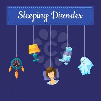 Vector sleeping disorder concept illustration with cartoon sleep elements hanging on threads with place for text