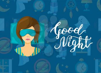 Vector background with cartoon sleep elements, sleeping woman person in mask and lettering illustration