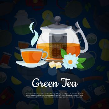 Vector cartoon tea kettles and cups background with place for text illustration. Tea cup and kettle, drink teapot beverage