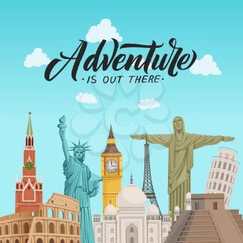 Banner or poster vector world sights background illustration with place for text