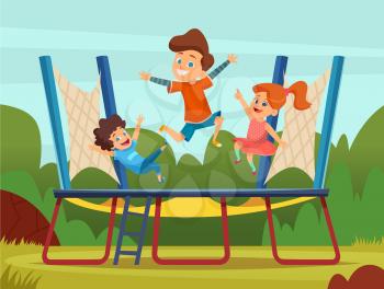 Jumping trampoline kids. Active children games on playground vector cartoon background. Trampoline game, boy and girl bounce