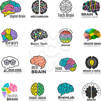 Brain logotypes. Business concept of colored smart mind innovation creative vector colored symbols. Brain cerebellum for business logo, mind smart illustration