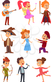 Kid actors. Theater performance of funny childrens boys and girls in costume standing at school stage vector characters cartoon. Child and kid theater, young performance in childhood illustration