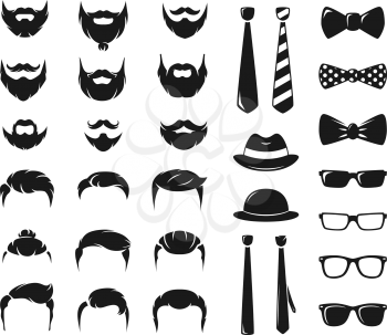 Hipster portraits creation kit. Monochrome constructor with male moustache, beard and haircut. Mustache and haircut hipster, illustration of moustache and beard