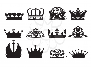 Silhouette of diadems and crowns. Vector monochrome pictures isolate. Crown queen or princess, luxury crown decoration illustration