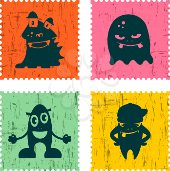 Set of retro postage stamp with funny monsters. Cartoon vector illustration