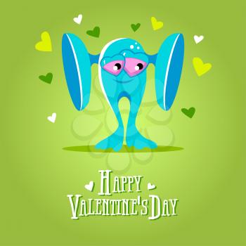 Cartoon blue cool monster in love. Romantic congratulation postcard. St Valentines vector illustration. Love cute monster