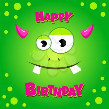 Monster party card design. Happy birthday card with green funny monster. Vector illustration