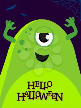 Vector helloween illustration with funny green monster. Cute alien on banner